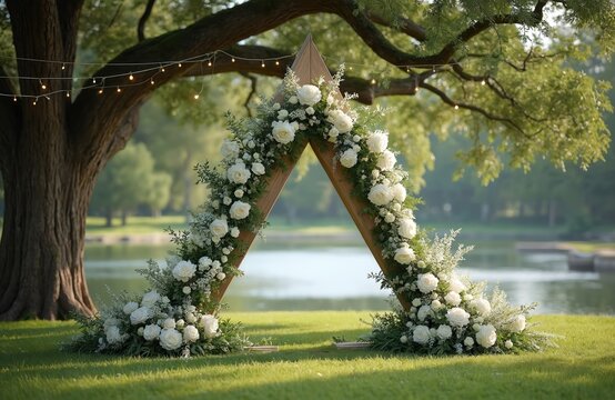 Triangular wedding arch decorated with roses at lakeside park. Wooden construction with flowers on green grass lawn. Scenic nature landscape, tree, water. Outdoor marriage decor for summer party