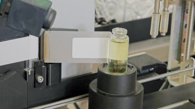 Perfume production. Different scents in bottles. Robotic perfume production line with automated fragrance dispensing. 4K video footage