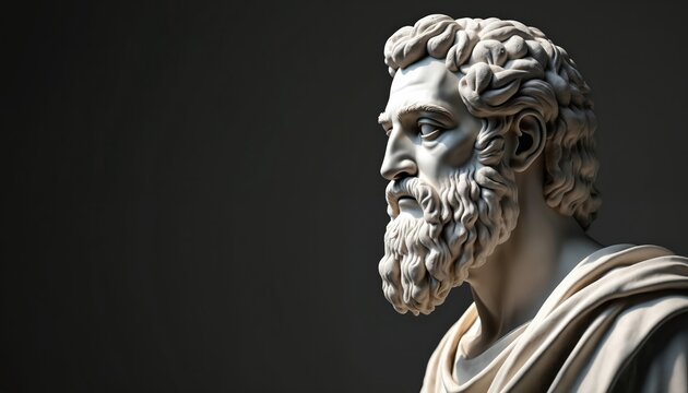 White marble sculpture of ancient Greek philosopher. Classical art bust shows bearded man with curly hair. Looks thoughtfully, embodying wisdom, history, deep human thought. Artistic render reflects