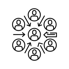 Black and white line icon illustrating network communication flow with people icons pointing towards a central figure isolated on