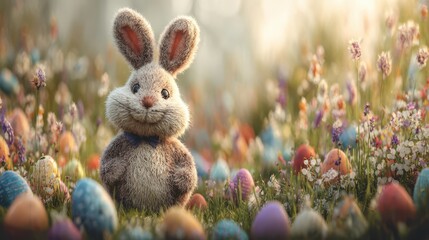 Fluffy Easter Bunny Amidst a Colorful Meadow of Flowers and Decorated Eggs in Spring Sunlight