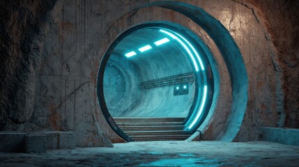 Futuristic portal to another dimension with glowing light effects and mysterious tunnel entrance for digital art and science fiction concepts