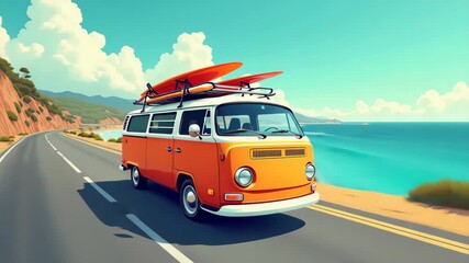 Orange camper van driving along coastal road with surfboards, passing green cliffs ocean waves and white clouds under blue sky, adventurous scene, concept of summer roadtrip surfing travel