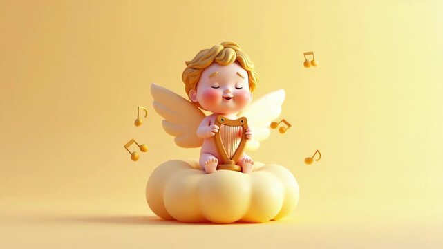 Cute angel smiling while playing harp on fluffy cloud, surrounded by floating musical notes in golden sunlight heavenly scene, joyful illustration, concept of valentines day easter greetingcard