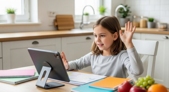 Cheerful elementary school student raises her hand to answer a question during a virtual lesson on a digital tablet while studying from home in a bright kitchen