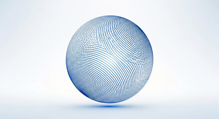Minimalist 3D sphere made entirely of fine blue wireframe lines. The lines follow a dynamic spiral pattern, creating an abstract illustration of global data, connection, and futuristic technology.