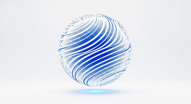 Softly lit 3D sphere with a dynamic, stylized blue and white spiral pattern. The design uses solid bands and halftone dots to create an optical illusion of motion and futuristic technology.