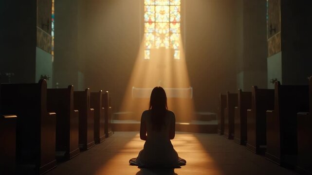 Hiistoric chapel bathed in gentle, multicolored light streaming through stained glass with alone figure kneels in prayer at the altar