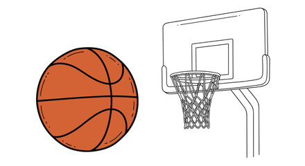 Illustration of a basketball next to a basketball hoop, perfect for sports-themed designs and school projects.