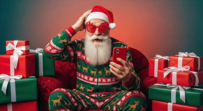 A modern Santa Claus in festive pajamas and funny glasses sits in an armchair with a shocked expression, looking at his smartphone while surrounded by many wrapped Christmas presents
