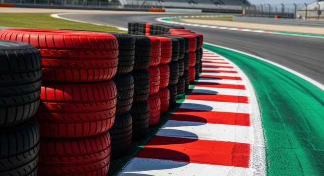Stacked red and black tires form a safety barrier along the asphalt curve of a motorsport circuit, with vibrant red and white kerbing under bright daylight