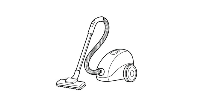 A black and white drawing of a canister vacuum cleaner with hose, wand, and floor brush used for cleaning the house.