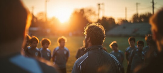 Coach Motivates Youth Team Before Championship at Sunset