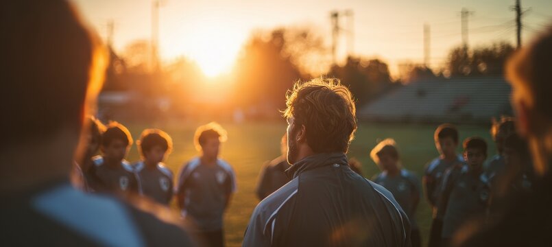 Coach Motivates Youth Team Before Championship at Sunset
