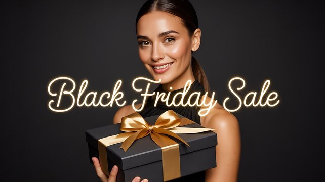 Black friday sale gift promotion with elegant woman holding present
- Powered by Adobe