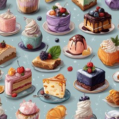 set of cakes and sweets