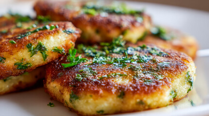 Golden crispy herb-coated patties garnished with fresh green parsley on a white plate ready to be served as a delicious homemade meal or appetizer option