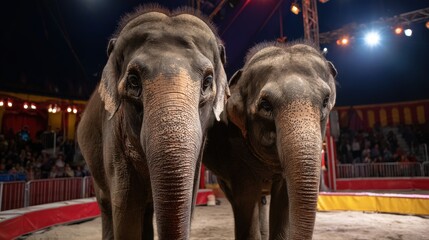 This captivating image shows two majestic elephants performing in a vibrant circus tent, illuminated by bright lights, showcasing their grace and the joy of circus entertainment.