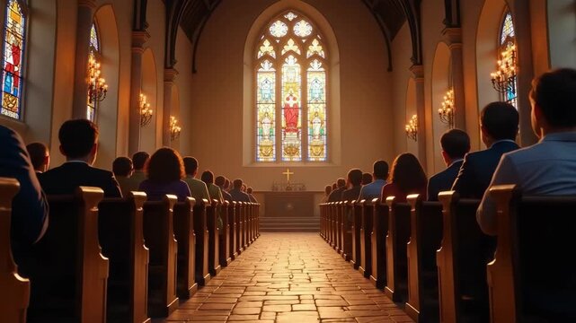 Historic church with weathered wooden pews, vibrant stained glass windows casting colorful patterns onto stone floors, and a diverse congregation gathered in heartfelt worship.  - Powered by Adobe