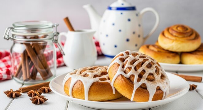 Freshly baked cinnamon rolls with sweet sugar glaze and spices served on a white wooden table with a teapot for a cozy breakfast or brunch setting - Powered by Adobe