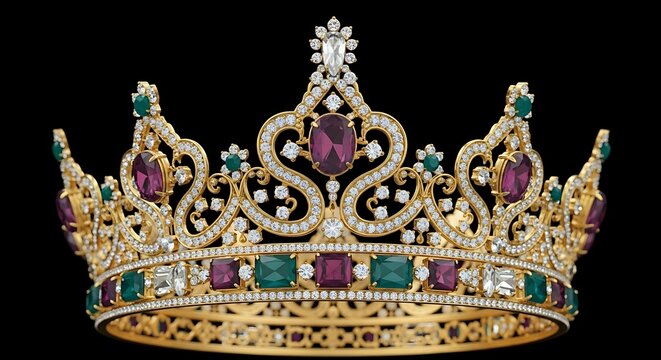 A regal golden crown adorned with gemstones including emeralds and amethysts, set against a black backdrop