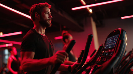 Man Exercising on Elliptical in Dark Gym with Red Lighting and Digital Display