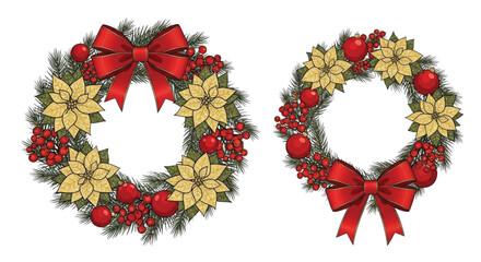 Christmas Wreaths with Golden Poinsettias, Red Baubles, Berries and Ribbon Bows Illustration Set