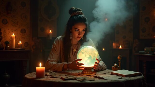 Fortune teller gazing into glowing crystal ball, dimly lit parlor with eclectic jewelry, floating zodiac symbols, concept of psychic readings, occult shops, spiritual retreats