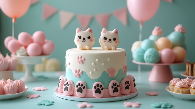 Cute cat themed birthday cake with pastel decorations high resolution image