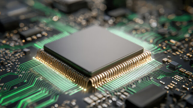 Macro view of a central processing unit mounted on a printed circuit board with intricate gold connections and electronic components in a technology setting
