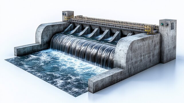 Isolated against a white backdrop, this micro hydropower system showcases clean energy. Concrete structures channel water with precision, representing sustainability and modern engineering