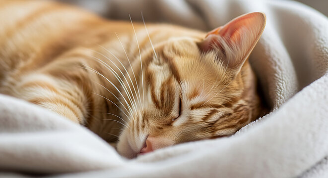 Adorable ginger cat peacefully sleeping on a soft blanket.