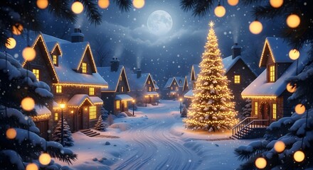 A magical winter night in a snowcovered village, featuring a brightly lit christmas tree and houses adorned with festive lights, under a full moon and gentle snowfall