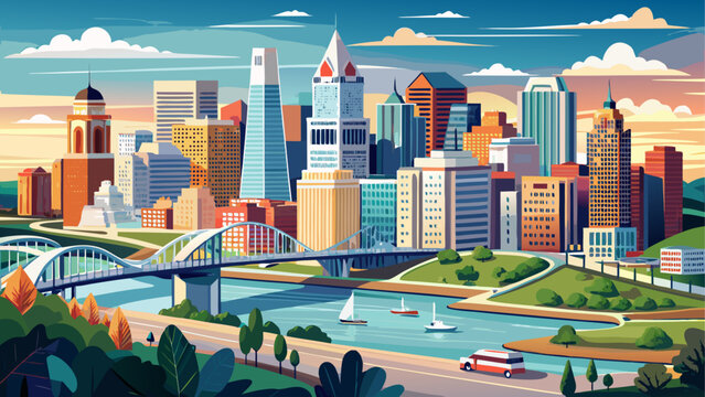 Very beautiful semi-realistic aerial vector view of Cincinnati, Ohio, featuring the downtown skyline with modern skyscrapers, bridges spanning the Ohio River, and calm river reflections, rendered with
