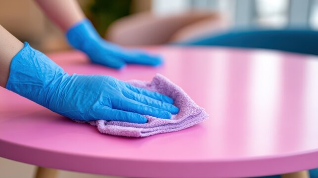 Sanitizing Surface with Gloves and Cloth for Health and Safety During Pandemic Outbreak Protecting from Germs