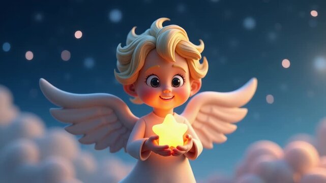 Cute angel smiling holding glowing yellow star, with golden halo wings on fluffy clouds under starry night sky, joyful heavenly scene, concept of christmas new year greeting card