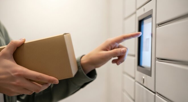 A person holding a brown cardboard box uses the touch screen terminal of an automated parcel station for a convenient self-service mail and delivery experience