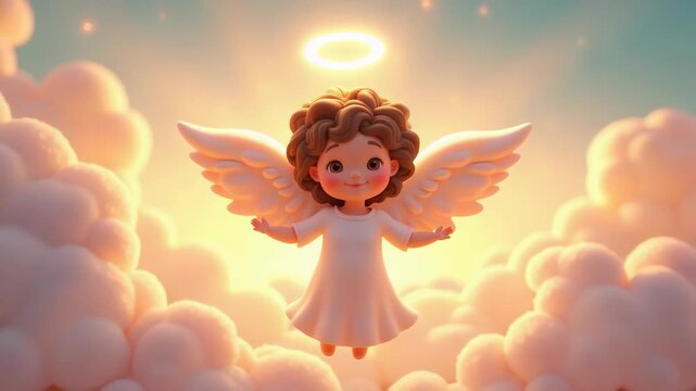 Cute angel smiling looking at camera flying with arms outstretched on fluffy clouds, surrounded by golden halo sparkling stars heavenly scene, joyful illustration, concept of christmas 