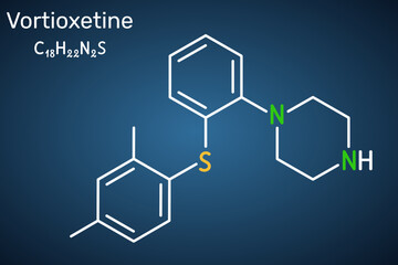 Fototapeta premium Vortioxetine molecule. Antidepressant drug for treatment of major depressive disorder (MDD). Dark blue background. Chemical structure. Vector illustration