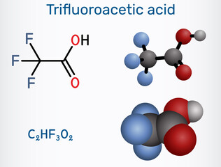 Trifluoroacetic acid, TFA molecule. strong halogenated organic acid and laboratory reagent. Chemical structure. Vector illustration