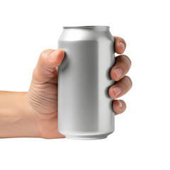 Hand holding a blank aluminum can isolated on transparent background for mockup