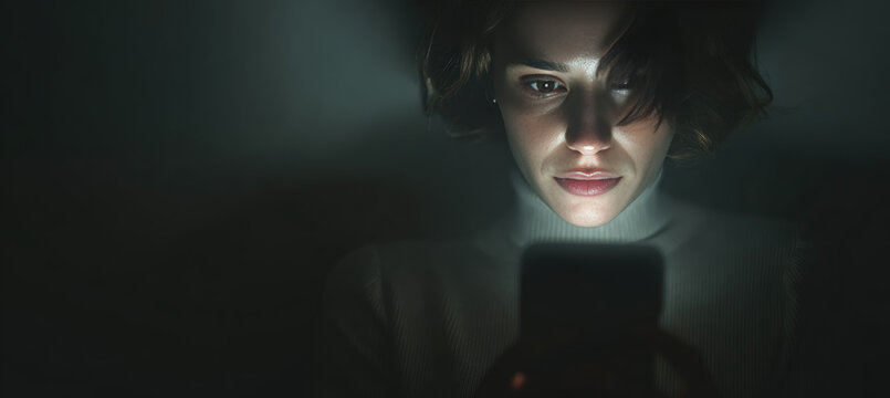 Person Using Mobile Banking App in Dark Room Illuminated by Phone Light