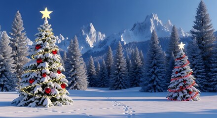 Two festive christmas trees, adorned with lights and ornaments, stand in a serene snowy winter landscape with majestic mountains and a starry night