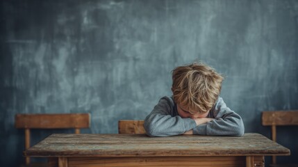 Lonely Sad Boy Crying at School Desk, Bullying Concept