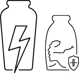 Outline of two bottles one with a lightning bolt and one with a shield and head