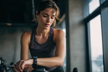 Woman Adjusting Smartwatch on Stationary Bike in Sunlit Fitness Studio
