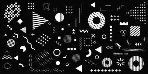 abstract geometric shapes vector set vintage 80s 90s monochrome Memphis graphic elements collection for background design, modern universal geometric icons with lines, circles, squares, 