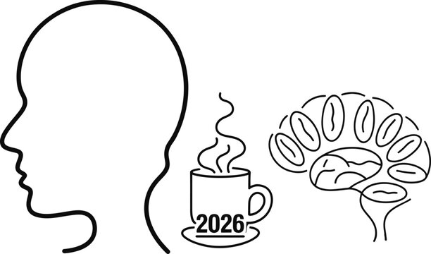 Human head silhouette with brain and coffee cup symbolizing future thinking - Powered by Adobe