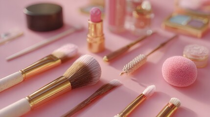 A photo of a set of makeup brushes and cosmetics placed together