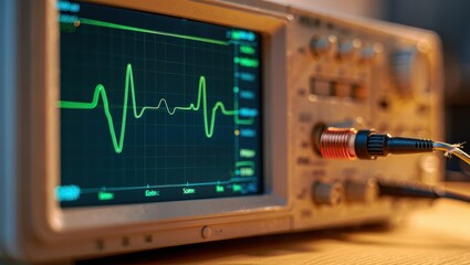Oscilloscope display showing sine wave signals with fluctuating amplitude in a lab